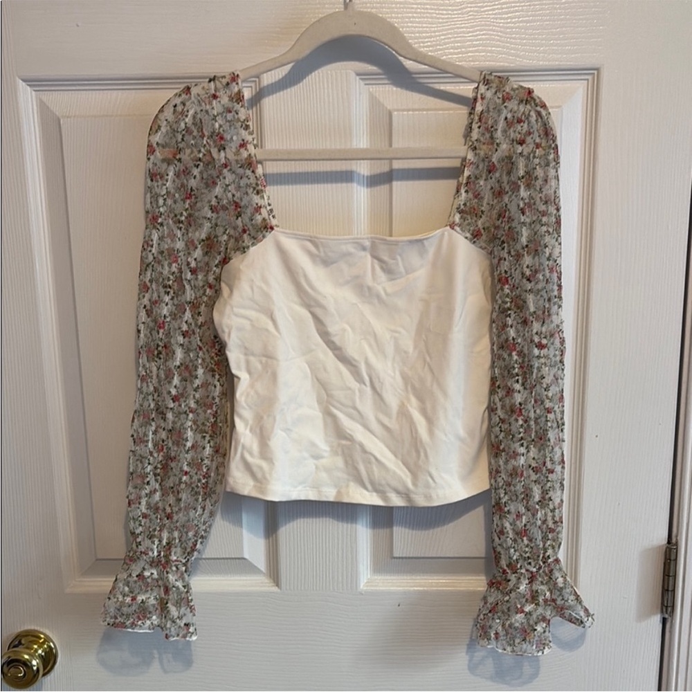 Free people Intimate Floral Sheer Sleeve White Top